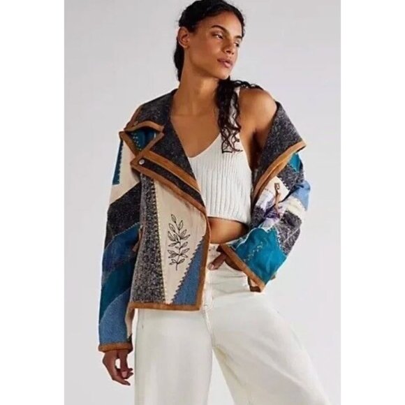 NEW Free People Leia Denim Suede Patched Moto Jacket Size XS $748 [jb] - Picture 2 of 10